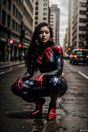 Beautiful girl in Spiderman cosplay, photo of 20 year old girl from Korea, long eyes, beautiful woman, long wavy black hair), ((vertical)), ((detailed face:1.2)), ((detailed facial features) )) , (Fair Skin), Pale Skin, Perfect Body,((Big Perfect Breasts)), ((Spider-Man Suit)), (High Detail Deep Cleavage Cyberpunk Costume), Squatting on the Street, Big City Environment, (Cold Colors ), moist, moist, reflector, (perfect proportions) (photo-realistic) (highest quality) (detailed) taken with Canon EOS R5, 50mm lens, F/1,4, nffsw, (8K) (wallpaper) (film lighting) (Dramatic Lighting) (Sharp Focus) (Complexity), (Cowboy Shot)
    ), Diamond Star