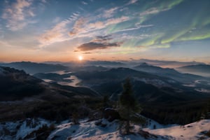 Highly detailed and dreamy shot, 8k, sunset, light, view from the top of the mountain, sky with aurora,