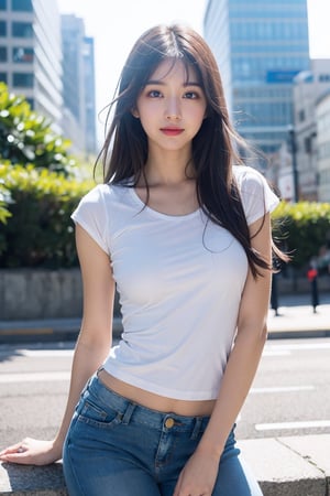 ((Fujifilm)), solo, {beautiful and detailed eyes}, city style, girl in blue jeans custume, medium breast, calm expression, natural and soft light, brown hair, delicate facial features,cnc_cc, nude, white_t_shirt,  beautiful_korean_girl,realhands, long arm,  small head, smile, hair in a bun, thin, large pelvic bone, wide gap between the thighs