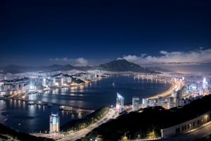 Busan night view seen from the top of Hwangnyeongsan Mountain in Busan, South Korea