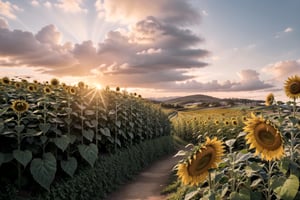 centered, photos, raw photos, | Sunset sunflower field, big sunflower flower perspective, leaves, hills, path between flower fields, | Aesthetic mood, sunset lighting, blue and pink tones, | bokeh, depth of field,