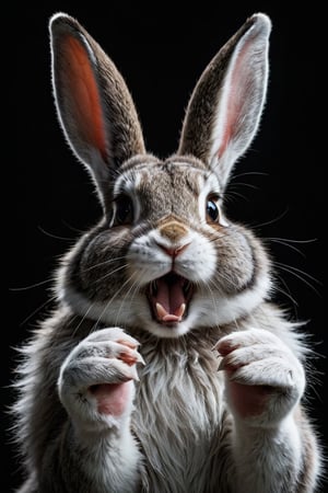 In the pitch darkness, a woman rabbit poses with her furry white paws placed on either side of her face, her mouth open in an expression of surprise or amazement. Her wide eyes gleam with a sense of wonder, standing out vividly against the black backdrop, creating a striking and mysterious scene.,cinematic_grain_of_film, perfect anatomy 
, detailed paws 