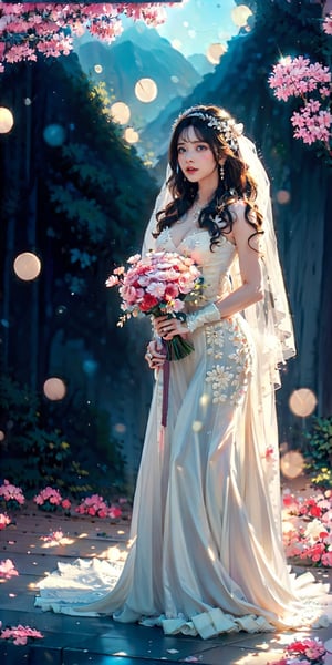 ((Fujifilm)), super bright scene, very bright backlighting, solo, 
{detailed eyes},{gradient blonde hair},{gradient blue eyes}, Cherry blossoms,large breast,flying petals,mountain,flowers meadows, detailed background, outdoors, {delicate wedding dress},transparent cloth, neck ribbon, bridal gauntlets, bridal veil, hair ornament, hair flower, bouquet,wedding band,cinematic angle,multiple views,standing
natural and soft light, hair blown by the breeze, delicate facial features,full_body,EpicArt