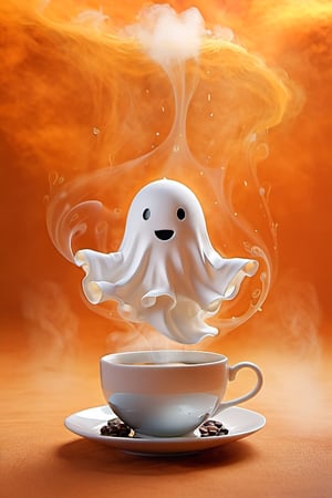 a cup of coffee, Steam shaped as a Ghost, a digital rendering, by Goro Fujita, Shutterstock, orange fog, beans, super cute, stock photo,NYFlowerGirl