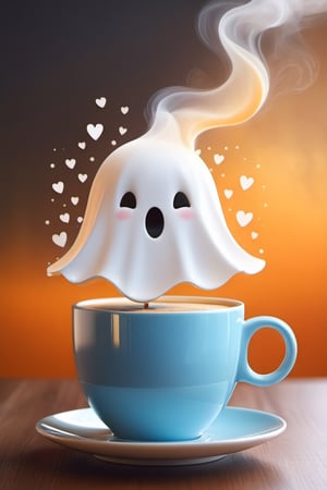 a cup of coffee, Steam shaped as a Ghost, a digital rendering, by Goro Fujita, Shutterstock, orange fog, beans, super cute, stock photo,NYFlowerGirl,Xxmix_Catecat,sticker