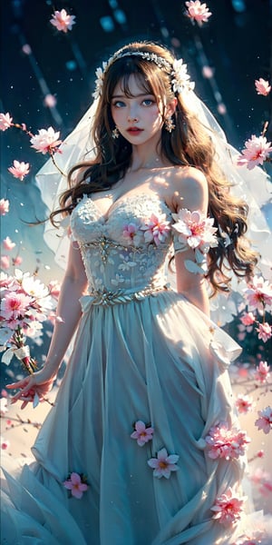 ((Fujifilm)), super bright scene, very bright backlighting, solo, 
{detailed eyes},{gradient blonde hair},{gradient blue eyes}, Cherry blossoms,large breast,flying petals,mountain,flowers meadows, detailed background, outdoors, {delicate wedding dress},transparent cloth, neck ribbon, bridal gauntlets, bridal veil, hair ornament, hair flower, bouquet,wedding band,cinematic angle,multiple views,standing
natural and soft light, hair blown by the breeze, delicate facial features,full_body,EpicArt