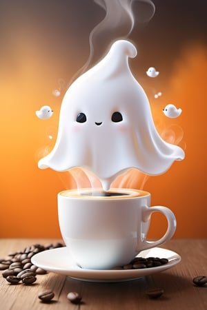 a cup of coffee, Steam shaped as a Ghost, a digital rendering, by Goro Fujita, Shutterstock, orange fog, beans, super cute, stock photo,NYFlowerGirl,Xxmix_Catecat,sticker