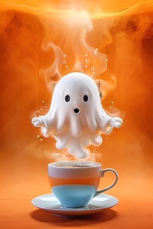 a cup of coffee, Steam shaped as a Ghost, a digital rendering, by Goro Fujita, Shutterstock, orange fog, beans, super cute, stock photo,NYFlowerGirl