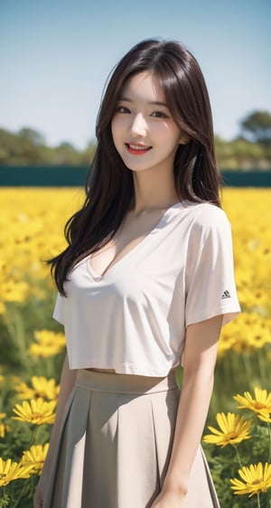 Masterpiece, highest quality, realistic, very fine details, high resolution, 8K wallpapers), 1 beautiful woman, Korean, bright smile, long black hair, sharp focus, medium breasts, brown eyes, beautiful eyes, detailed and realistic skin texture, height 174, front shot, full body shot,sexy pose,seductive_pose, cosmos flower field,beige_tennis_skirt, cleavage t-shirt