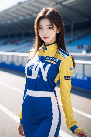 20 years old korean girl, korean idol style,masterpiece, best quality, photorealistic, raw photo, 1_girls,long_hair,medium_breasts,sexy pose,racequeen,race_queen,Colorful and glossy promotional uniforms,detailed skin, pore, low key,spreading_leg,Racing Stadium,seducing_face,seductive_pose,,little_cute_girl,blurry_light_background,Korean,Beauty,Sexy