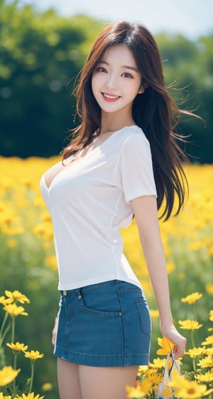 Masterpiece, highest quality, realistic, very fine details, high resolution, 8K wallpapers), 1 beautiful woman, Korean, bright smile, long black hair, sharp focus, medium breasts, brown eyes, beautiful eyes, detailed and realistic skin texture, height 174, front shot, full body shot,sexy pose,seductive_pose, cosmos flower field,bird check pleated mini skirt, cleavage t-shirt