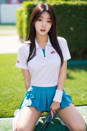 20 years old korean girl, korean idol style,masterpiece, best quality, photorealistic, raw photo, 1_girls,long_hair,medium_breasts,sexy pose,tennis clothing,tennis skirt,detailed skin, pore, low key,
a green lawn,real hands,spreading_leg,very wide spreading leg,female_masturbation,masterbating,jerking_off,pussy,pussy_lips,seducing_face,seductive_pose,on_stomach,little_cute_girl,blurry_light_background,Korean,Beauty,Sexy
