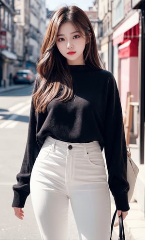 lovely cute young attractive korean girl, brown eyes, gorgeous actress, 19 years old, cute, an Instagram model, long blonde_hair, colorful hair, winter, Indian, wearing white shirt and black pants,