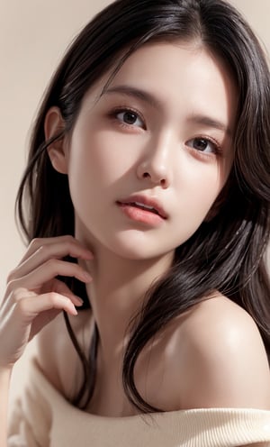 (masterpiece, best quality, photorealistic), 1girl, black hair, brown eyes, small boobs, detailed skin, pore, lovely expression, close mouth, white off shoulder, upper body, beauty model, beige plain background, Detailedface, Realism, Epic ,Female, Portrait, Raw photo, Photography, Photorealism,Skin care,touching her clean face with fresh Healthy Skin,, Beauty Cosmetics and Facial treatment Concept,