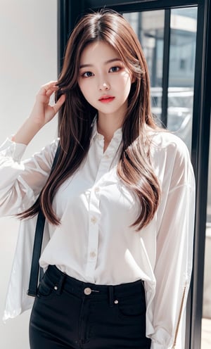 lovely cute young attractive korean girl, brown eyes, gorgeous actress, 19 years old, cute, an Instagram model, long blonde_hair, colorful hair, winter, Indian, wearing white shirt and black pants,