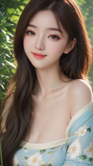 (Highest Quality, Masterpiece:1.5, Ultra High Resolution, 8k, Realistic:1.4), 1girl, Korean, cute smile, off-shoulder, cinematic lighting, beautiful detailed eyes, beautifully detailed lips, long eyelashes, soft skin, flowing hair. , Gorgeous garden background, vibrant colors, sunny atmosphere,Asian