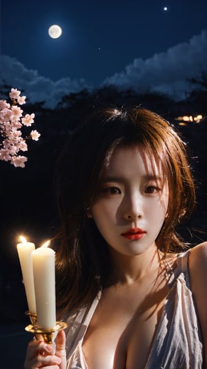 (Realistic lighting, highest quality, 8K, masterpiece), sharp focus, 1 girl, perfect body, (dark brown hair, big breasts), (nude), (outdoor, night), cherry blossom street, moon, milky way, candle Pretty face, pretty eyes, double eyelids, exposed cleavage