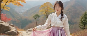 (Full body::1.5),Masterpiece, Top quality, Sharp focus, 8k, Complex and detailed environment, Watercolor painting, Colorful and bright colors, Glowing natural lighting, Supernatural, Background is autumn foliage of Mt. Seorak, Korea, 6 women, Full body, 22 years old Woman, top exposed, big breasts, transparent bottoms, transparent pink hanbok skirt, transparent white hanbok skirt, transparent purple hanbok skirt and other colors, perfect face, golden ratio, sparkling eyes,