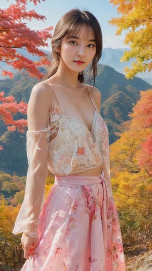 (Full body::1.5),Masterpiece, Top quality, Sharp focus, 8k, Complex and detailed environment, Watercolor painting, Colorful and bright colors, Glowing natural lighting, Supernatural, Background is autumn foliage of Mt. Seorak, South Korea, Full body, 17 year old female, Topless , big breasts, see-through bottoms, transparent pink hanbok skirt, perfect face, golden ratio, sparkling eyes,