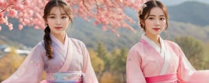 20-year-old female, (photorealistic), watercolor painting, colorful and bright colors, glowing natural lighting, supernatural 8K wallpaper, ((traditional Korean hanbok)), slim body, ((large breasts)), ((top nude, transparent bottom Pink Korean Hanbok)), Looking at the viewer, (HQ skin: 1.4), 8k uhd, dslr, ((full body shot)), ((nude on top, transparent pink hanbok on the bottom)), ((Seorak Mountain autumn leaves background)) ,b3rli ,JIAE,Perfect Eyes
