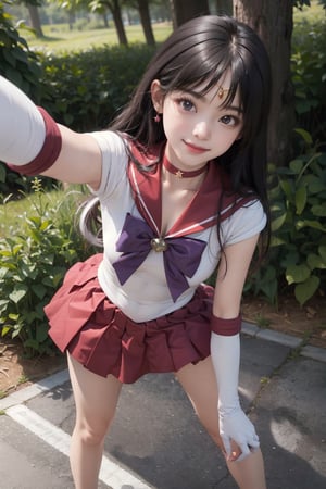 masterpiece, best quality, highres, sama1, tiara, sailor senshi uniform, white gloves, red sailor collar, red skirt, star choker, elbow gloves, pleated skirt, bare legs, purple bow, sexy, outdoors, pantyshot, sexy, point of view, full body, want to hug, forest, standing, selfie, happy, busty, smile, caring