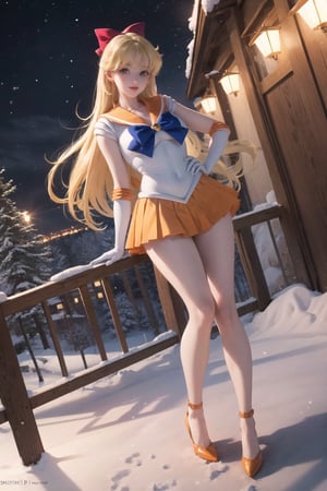 masterpiece, best quality, highres, sv1, sailor senshi uniform, orange skirt, orange heel, elbow gloves, tiara, orange sailor collar, red bow, orange choker, white gloves, jewelry, (1990s \(style\):0.9), view from below, pantyshot, sexy, point of view, full body, snow, night, happy, busty, coming closer, looking at viewer, outdoor, standing, hand on hip