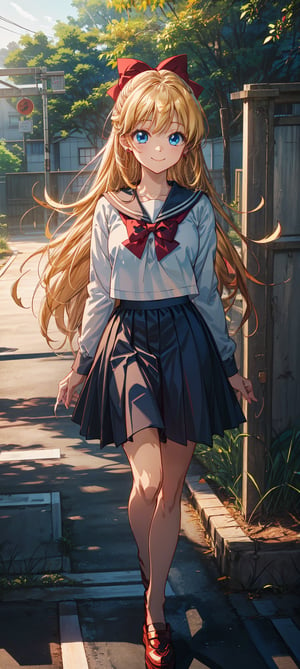 masterpiece, best quality, highres, sv1, solo,highres, ((red bow)), ((golden hair)),Detailedface, confident, ((1girl)), ((solo)), closed mouth, anime eyes, (((extremely detailed cute anime face))), jewelry, ((smiling happily)), ((blue eyes)), ((in front of school gate)), ((full body)), ((walking)), ((seifuku)), ((extremely detailed eyes))