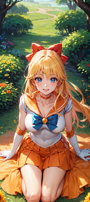 masterpiece, best quality, highres, sv1, solo,highres, sv1, solo, sailor senshi uniform, orange skirt, elbow gloves, tiara, orange sailor collar, red bow, orange choker, white gloves, ((golden hair)),happy, Detailedface, confident, love, soft breast, love, caring, smiling, smile, appreciate, ((cheerful)), ((1girl)), smiling, happy, exciting, caring eyes, anime eyes, ((solo)), ((looking at viewer)), ((mini skirt)),, facing viewer, ((pretty sister)), ((pretty)), ((elder sister)), ((educating viewer)), ((lecturing viewer)), ((lessoning viewer)), ((giving viewer a lesson)), ((calling viewer)), (((extremely detailed cute anime face))), jewelry, ((orange skirt)), ((orange sailor collar)), ((confident smile)), ((blue eyes)), ((medium breast)), ((orange high heels)), ((smile happily)), ((grass)), ((flowers)), ((energetic)), ((from above)), ((trees)),  ((yellow bow)), ((mini orange skirt)), ((kneeling)), ((arms on side)), ((aerial view)), ((look up)), 