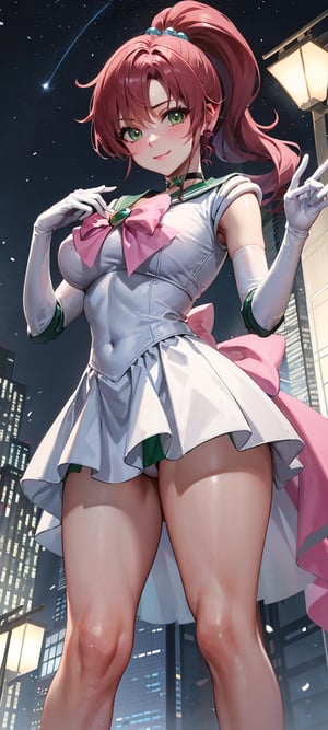 masterpiece, best quality, highres, hmjupiter, strong personality, strong, tough, green eyes, ponytail, tiara, jewelry, sailor senshi uniform, green sailor collar, choker, elbow gloves, white gloves, pink bow, brooch, leotard, green skirt, night, hmjupiter, trees, point of view, snow, night, snowflakes, happy, busty, looking at viewer, Detailedface, confident, love, soft breast, love, caring, smiling, smile, appreciate, point of view, ((pink bow behind)), ((pink bow on back))

soft breast, busty, ((1girl)), closed mouth, smiling, happy, exciting, caring eyes, anime eyes, ((white gloves)), (night)), ((solo)), ((looking at viewer)), ((point of view)), ((mini skirt)),, facing viewer, ((pretty sister)), ((pretty)), ((elder sister)), ((stars)) ((educating viewer)), ((lecturing viewer)), ((lessoning viewer)), ((giving viewer a lesson)), ((calling viewer)), (((extremely detailed cute anime face))), jewelry, ((walking looking at viewer)), ((center position focus)),  ((city)), ((skyscrapers)), ((bare legs)), lamp post, walking towards viewer,  ((from below)), ((view from bottom)),