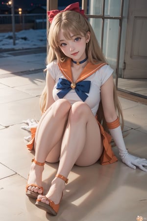 masterpiece, best quality, full body, highres, sv1, sailor senshi uniform, orange skirt, orange heel, elbow gloves, tiara, orange sailor collar, red bow, orange choker, white gloves, jewelry, (1990s \(style\):0.9), view from above, pantyshot, sexy, point of view, full body, snow, night, happy, busty, looking at viewer, outdoor, close shot, cameltoe, sexy, happy, smile, protective, positivity, white panty, detailedface, detailed face, confident, pride, golden hair, long hair, sailor senshi uniform, close-up, laying on floor, 8k, high_resolution, extremely detailed, photographic