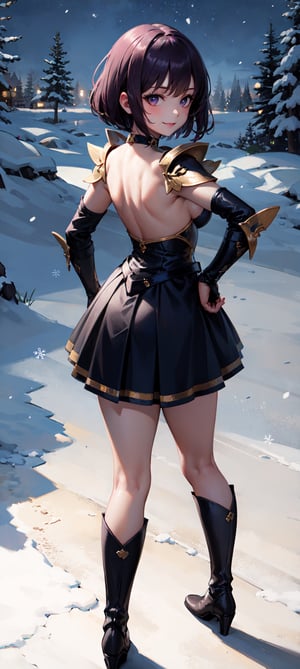 (masterpiece, best quality:1.2), full body, view from side, solo, 1girl,  smile, looking at viewer, tiara, armor costume, breastplate, armor skirt, steel skirt, silver skirt, black steel knee boots, jewelry, brooch, choker, full body, boots, innocent eyes, busty, black bow on back, snow, winter, snowflakes, galaxy sky, full body, snow, night, snowflakes, happy, busty, looking at viewer, Detailedface, confident, love, soft breast, love, caring, smiling, smile, appreciate, point of view,  view from above, closeup, close_up, alert, tension, prepare to battle, prepare to fight, ready to fight, closed_mouth, protecting viewer, bare legs, playful, view from bottom, happy, smile, standing, hand on hip,  outdoor, short hair, dark purple hair, small breast, bare legs, from behind, view from behind
