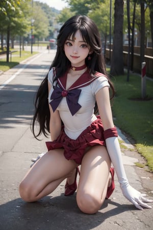 masterpiece, best quality, highres, sama1, tiara, sailor senshi uniform, white gloves, red sailor collar, red skirt, star choker, elbow gloves, bare legs, purple bow, sexy, outdoors, pantyshot, sexy, point of view, full body, want to hug, forest, kneeling, selfie, happy, busty, smile, caring, view from bottom