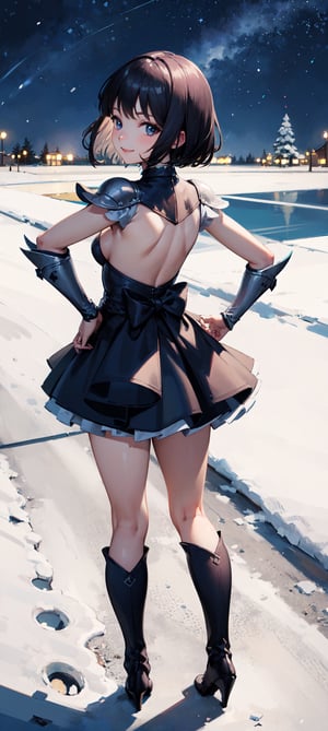 (masterpiece, best quality:1.2), full body, view from side, solo, 1girl,  smile, looking at viewer, tiara, armor costume, breastplate, armor skirt, steel skirt, silver skirt, black steel knee boots, jewelry, brooch, choker, full body, boots, innocent eyes, busty, black bow on back, snow, winter, snowflakes, galaxy sky, full body, snow, night, snowflakes, happy, busty, looking at viewer, Detailedface, confident, love, soft breast, love, caring, smiling, smile, appreciate, point of view,  view from above, closeup, close_up, alert, tension, prepare to battle, prepare to fight, ready to fight, closed_mouth, protecting viewer, bare legs, playful, view from bottom, happy, smile, standing, hand on hip,  outdoor, short hair, dark purple hair, small breast, bare legs, from behind, view from behind