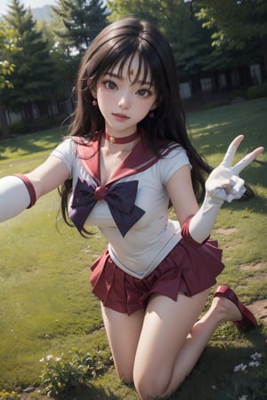 masterpiece, best quality, highres, sama1, tiara, sailor senshi uniform, white gloves, red sailor collar, red skirt, star choker, elbow gloves, bare legs, purple bow, sexy, outdoors, pantyshot, sexy, point of view, full body, want to hug, view from above, kneeling, selfie, happy, busty, caring, laying on grass, reaching toward viewer, reaching, garden