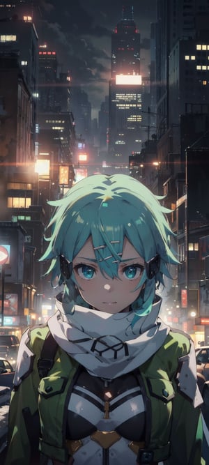 masterpiece, best quality, highres, 1girl, sinon1, scarf, fingerless gloves, long sleeves, short shorts, hair ornament, hairclip, green thighhighs, green jacket, thigh strap,ruins,sinon1, ((upper body only)), loving, exciting, ((portrait)), ((look down)), ((outdoor)), ((city)), ((night)), ((skyscraper))