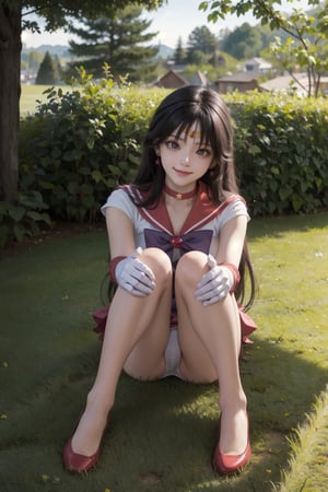 masterpiece, best quality, highres, sama1, tiara, sailor senshi uniform, white gloves, red sailor collar, red skirt, star choker, elbow gloves, bare legs, purple bow, sexy, outdoors, pantyshot, sexy, point of view, full body, want to hug, view from above, selfie, happy, busty, caring, laying on grass, garden, from above, laying down, smiling, white panty