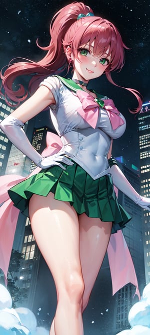 masterpiece, best quality, highres, hmjupiter, strong personality, strong, tough, green eyes, ponytail, tiara, jewelry, sailor senshi uniform, green sailor collar, choker, elbow gloves, white gloves, pink bow, brooch, leotard, green skirt, night, hmjupiter, trees, point of view, snow, night, snowflakes, happy, busty, looking at viewer, Detailedface, confident, love, soft breast, love, caring, smiling, smile, appreciate, point of view, ((pink bow behind)), ((pink bow on back))

soft breast, busty, ((1girl)), closed mouth, smiling, happy, exciting, caring eyes, anime eyes, ((white gloves)), (night)), ((solo)), ((looking at viewer)), ((point of view)), ((mini skirt)),, facing viewer, ((pretty sister)), ((pretty)), ((elder sister)), ((stars)) ((educating viewer)), ((lecturing viewer)), ((lessoning viewer)), ((giving viewer a lesson)), ((calling viewer)), (((extremely detailed cute anime face))), jewelry, ((walking looking at viewer)), ((center position focus)), ((city)), ((skyscrapers)), ((bare legs)), lamp post, walking towards viewer, ((from below)), ((view from bottom))