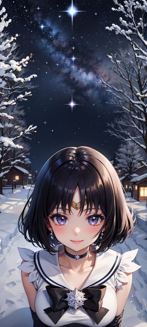 (masterpiece, best quality:1.2), solo, 1girl, solo, 1girl, sailor saturn, magical girl, smile, tiara, sailor senshi uniform, elbow gloves, jewelry, brooch, choker, innocent eyes, busty, black back bow, village, trees, snow, winter, snowflakes, galaxy sky, snow, night, snowflakes, happy, Detailedface, confident, love, soft breast, love, caring, smiling, appreciate, happy, smile, stars, snow, winter, short hair, dark purple hair, small breast, soft breast, busty, ((view from high above)), view from above, ((1girl)), closed mouth, smiling, happy, exciting, caring eyes, anime eyes, upper body only, upper body, stars