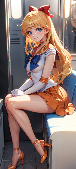 masterpiece, best quality, highres, sv1, solo,highres, sv1, solo, sailor senshi uniform, orange skirt, elbow gloves, tiara, orange sailor collar, red bow, orange choker, white gloves, ((golden hair)),snow, night, snowflakes, happy, Detailedface, confident, love, soft breast, love, caring, smiling, smile, appreciate, ((cheerful)), ((1girl)), closed mouth, smiling, happy, exciting, caring eyes, anime eyes, ((solo)), ((looking at viewer)), ((mini skirt)),, facing viewer, ((pretty sister)), ((pretty)), ((elder sister)), ((educating viewer)), ((lecturing viewer)), ((lessoning viewer)), ((giving viewer a lesson)), ((calling viewer)), (((extremely detailed cute anime face))), jewelry, ((orange skirt)), ((orange sailor collar)), ((confident smile)), ((blue eyes)), ((medium breast)), ((look down)), ((orange high heels)), ((smile happily)), ((sitting)), ((view from side)), ((inside a train)), ((seats)), ((upbeat))