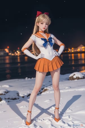 masterpiece, best quality, full body, highres, sv1, sailor senshi uniform, orange skirt, orange heel, elbow gloves, tiara, orange sailor collar, red bow, orange choker, white gloves, jewelry, (1990s \(style\):0.9), view from below, pantyshot, sexy, point of view, full body, snow, night, happy, busty, coming closer, looking at viewer, outdoor, standing, hand on hip