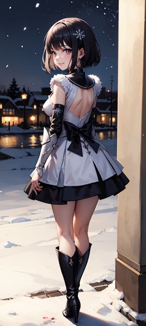 (masterpiece, best quality:1.2), full body, view from side, solo, 1girl,  smile, looking at viewer, tiara, armor costume, breastplate, armor skirt, steel skirt, silver skirt, black steel knee boots, jewelry, brooch, choker, full body, boots, innocent eyes, busty, black bow on back, snow, winter, snowflakes, galaxy sky, full body, snow, night, snowflakes, happy, busty, looking at viewer, Detailedface, confident, love, soft breast, love, caring, smiling, smile, appreciate, point of view,  view from above, closeup, close_up, alert, tension, prepare to battle, prepare to fight, ready to fight, closed_mouth, protecting viewer, bare legs, playful, view from bottom, happy, smile, standing, outdoor, short hair, dark purple hair, small breast, bare legs, from behind, view from behind
