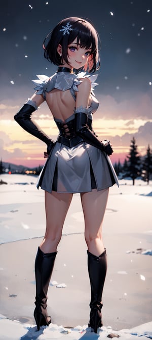 (masterpiece, best quality:1.2), full body, view from side, solo, 1girl,  smile, looking at viewer, tiara, armor costume, breastplate, armor skirt, steel skirt, silver skirt, black steel knee boots, jewelry, brooch, choker, full body, boots, innocent eyes, busty, black bow on back, snow, winter, snowflakes, galaxy sky, full body, snow, night, snowflakes, happy, busty, looking at viewer, Detailedface, confident, love, soft breast, love, caring, smiling, smile, appreciate, point of view,  view from above, closeup, close_up, alert, tension, prepare to battle, prepare to fight, ready to fight, closed_mouth, protecting viewer, bare legs, playful, view from bottom, happy, smile, standing, hand on hip,  outdoor, short hair, dark purple hair, small breast, bare legs, from behind, view from behind