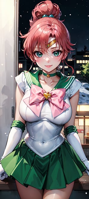 masterpiece, best quality, highres, hmjupiter, strong personality, strong, tough, green eyes, ponytail, tiara, jewelry, sailor senshi uniform, green sailor collar, choker, elbow gloves, white gloves, pink bow, brooch, leotard, green skirt, night, hmjupiter, trees, lights, point of view, snow, night, snowflakes, happy, busty, looking at viewer, Detailedface, confident, love, soft breast, love, caring, smiling, smile, appreciate, point of view, ((pink bow behind)), ((pink bow on back))

soft breast, busty, ((1girl)), closed mouth, smiling, happy, exciting, caring eyes, anime eyes, ((white gloves)), (night)), ((solo)), ((looking at viewer)), ((point of view)), ((mini skirt)),, (((facing viewer))), ((pretty sister)), ((pretty)), ((elder sister)), ((stars)) ((educating viewer)), ((lecturing viewer)), ((lessoning viewer)), ((giving viewer a lesson)), ((calling viewer)), (((extremely detailed cute anime face))), jewelry, ((walking looking at viewer)), ((center position focus)), ((upper body only)), ((indoor))