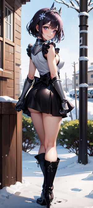 (masterpiece, best quality:1.2), full body, view from side, solo, 1girl,  smile, looking at viewer, tiara, armor costume, breastplate, armor skirt, steel skirt, silver skirt, black steel knee boots, jewelry, brooch, choker, full body, boots, innocent eyes, busty, black bow on back, snow, winter, snowflakes, galaxy sky, full body, snow, night, snowflakes, happy, busty, looking at viewer, Detailedface, confident, love, soft breast, love, caring, smiling, smile, appreciate, point of view,  view from above, closeup, close_up, alert, tension, prepare to battle, prepare to fight, ready to fight, closed_mouth, protecting viewer, bare legs, playful, view from bottom, happy, smile, standing, outdoor, short hair, dark purple hair, small breast, bare legs, from behind, view from behind