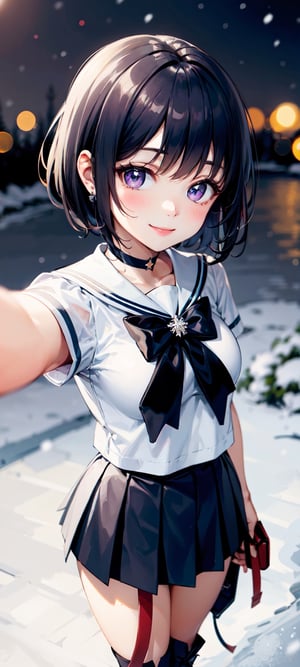 (masterpiece, best quality:1.2), solo, 1girl,  smile, looking at viewer, white school uniform, black mini skirt ,jewelry, brooch, choker,  boots, innocent eyes, busty, black bow on back, snow, winter, snowflakes, galaxy sky,snow, night, snowflakes, happy, busty, Detailedface, confident, love, soft breast, love, caring, smiling, smile, appreciate,  happy, smile, outdoor, short hair, dark purple hair, small breast, selfie, upper body only, relax, relief, comfy, comfortable, loving, close, view from above
