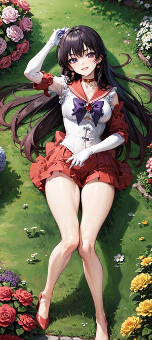 masterpiece, best quality, highres, sama1, white gloves, star choker, elbow gloves, purple bow, caring, ((white gloves)), ((solo)), ((pretty sister)), ((pretty)), ((elder sister)), (((extremely detailed cute anime face))),  ((red high heels)), ((white gloves)), ((jewelry)), ((garden)), ((flower)), ((white corset top)), ((white over knee skirt)), ((long hair)), ((smile)), ((happy)),  ((sleeve)),, ((aerial view)), ((laying)), ((lying))