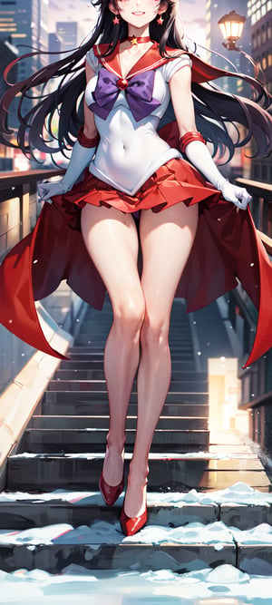 masterpiece, best quality, highres, sama1, tiara, sailor senshi uniform, white gloves, red sailor collar, red skirt, star choker, elbow gloves, ((purple bow)), soft breast, medium breast, white gloves, red skirt,outdoors, city, happy, night, snow, long hair, winter, confident, pride, point of view, smiling, looking at viewer, caring eyes, caring, loving, snowflakes, ((pretty)), ((elder sister)), ((tiara)), stars, portrait, ((city)), ((skyscrapers)), ((cheerful)), ((happy)), ((bare legs)), ((red high heels)), ((red mini skirt)), ((white glove)), ((elbow glove)), ((walking)),