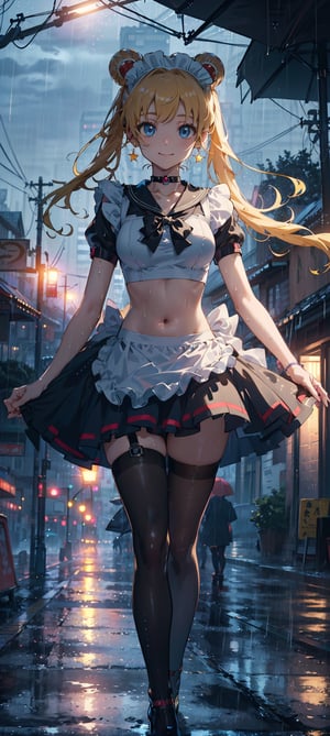 masterpiece, point of view, best quality, highres, 1girl, earrings, double bun, twintails, red choker, smile, golden hair, ((european fashion)), ((maid costume)), ((maid cosplay)), soft breast, happy, confident, pride, smiling,caring, loving, ((pretty)), ((elder sister)), ((cheerful)), ((happy)), ((energetic)), (((extremely detailed cute anime face))), ((night)), ((medium breast)), ((on a street)), (Detailedface, love, soft breast, ((1girl)), closed mouth, caring eyes, anime eyes, ((solo)), ((looking at viewer)), facing viewer, ((pretty sister)), ((pretty)), ((elder sister)), ((stars)), jewelry, ((black high heels)), (((rainy weather))), ((black thighhigh)), (((((facing viewer))))), ((crop top)),, ((extremely detailed eyes)