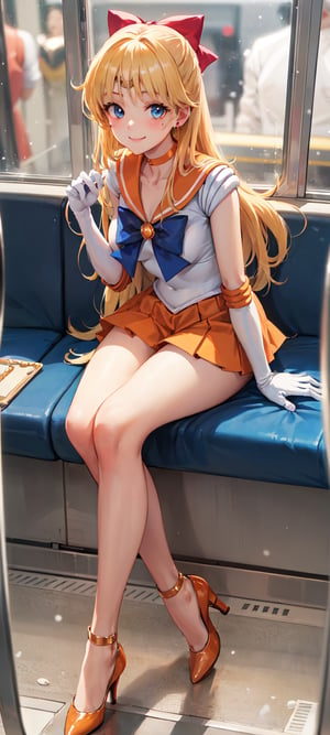 masterpiece, best quality, highres, sv1, solo,highres, sv1, solo, sailor senshi uniform, orange skirt, elbow gloves, tiara, orange sailor collar, red bow, orange choker, white gloves, ((golden hair)),snow, night, snowflakes, happy, Detailedface, confident, love, soft breast, love, caring, smiling, smile, appreciate, ((cheerful)), ((1girl)), closed mouth, smiling, happy, exciting, caring eyes, anime eyes, ((solo)), ((looking at viewer)), ((mini skirt)),, facing viewer, ((pretty sister)), ((pretty)), ((elder sister)), ((educating viewer)), ((lecturing viewer)), ((lessoning viewer)), ((giving viewer a lesson)), ((calling viewer)), (((extremely detailed cute anime face))), jewelry, ((orange skirt)), ((orange sailor collar)), ((confident smile)), ((blue eyes)), ((medium breast)), ((look down)), ((orange high heels)), ((smile happily)), ((sitting)), ((view from side)), ((inside a train)), ((seats)), ((upbeat)), ((energetic))