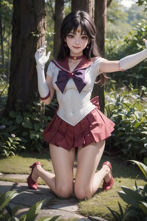 masterpiece, best quality, highres, sama1, tiara, sailor senshi uniform, white gloves, red sailor collar, red skirt, star choker, elbow gloves, bare legs, purple bow, sexy, outdoors, pantyshot, sexy, point of view, full body, want to hug, forest, kneeling, selfie, happy, busty, smile, caring, view from bottom